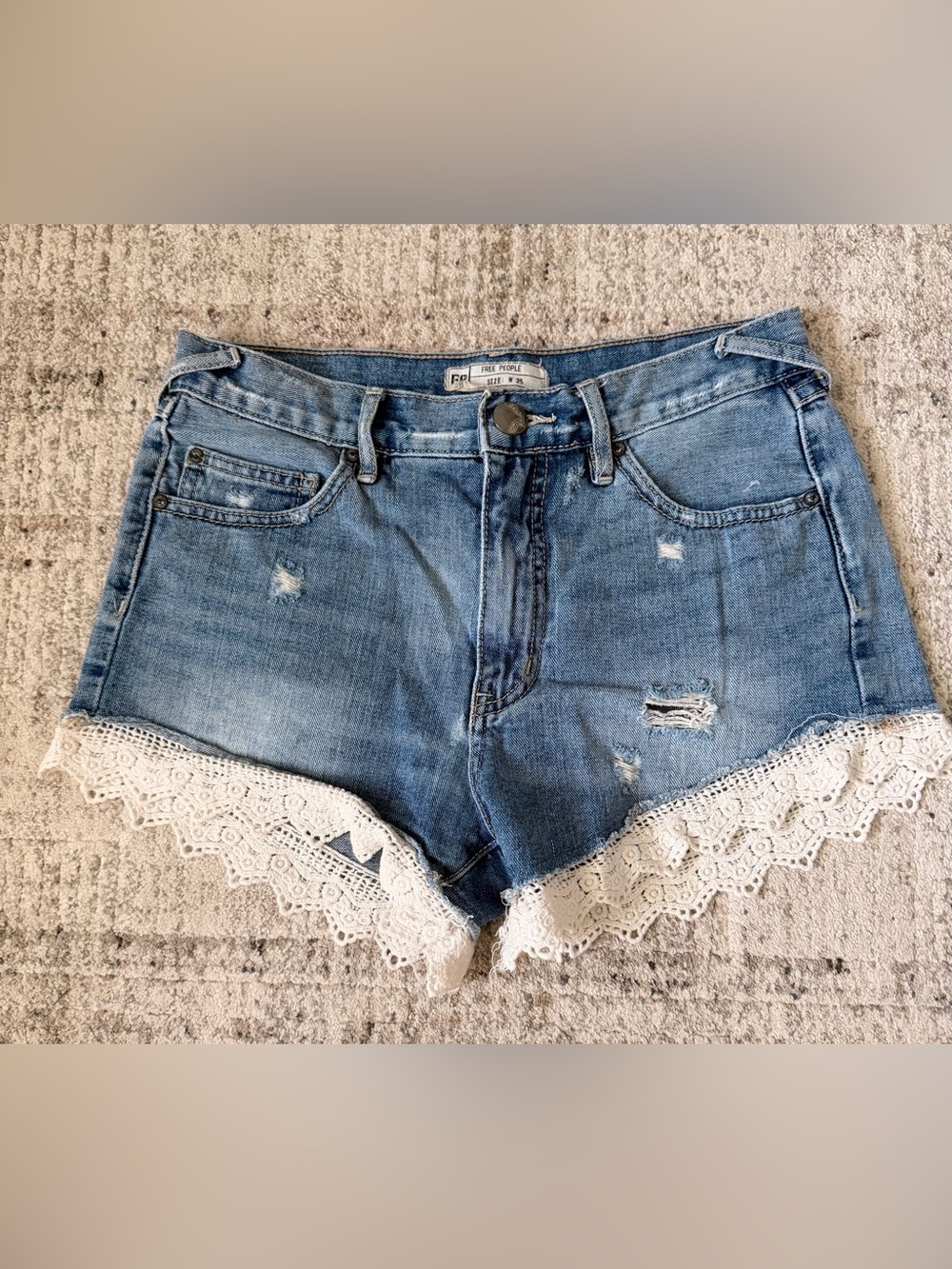 Free People Light Blue Denim Shorts with White Lace Trim